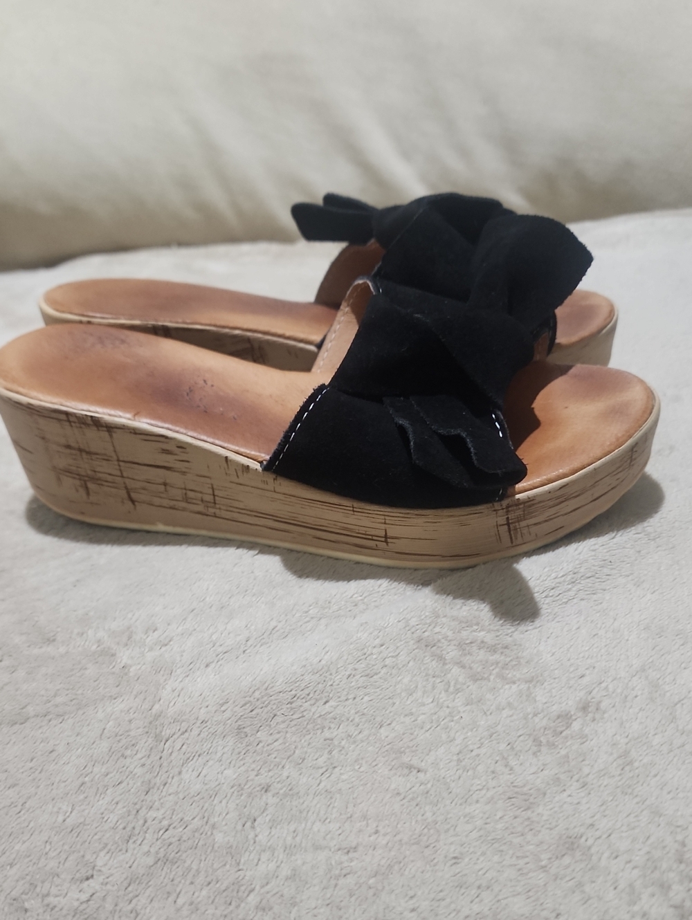 Black Bow Cork Wedge Slide Sandals - Women - Picture 3 of 9